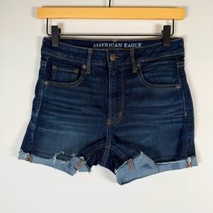 American Eagle Super Hi-Rise Shortie Raw‎ Rolled Hem Denim Blue Jean Shorts 4